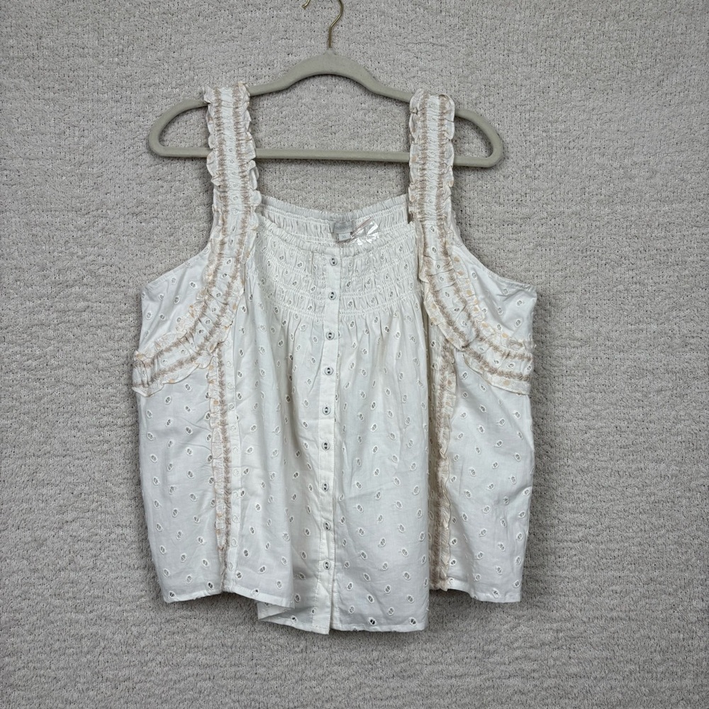 Jennifer & Grace Top Womens XL Ivory Ruffle Smocked Eyelet Dainty Feminine‎ Boho